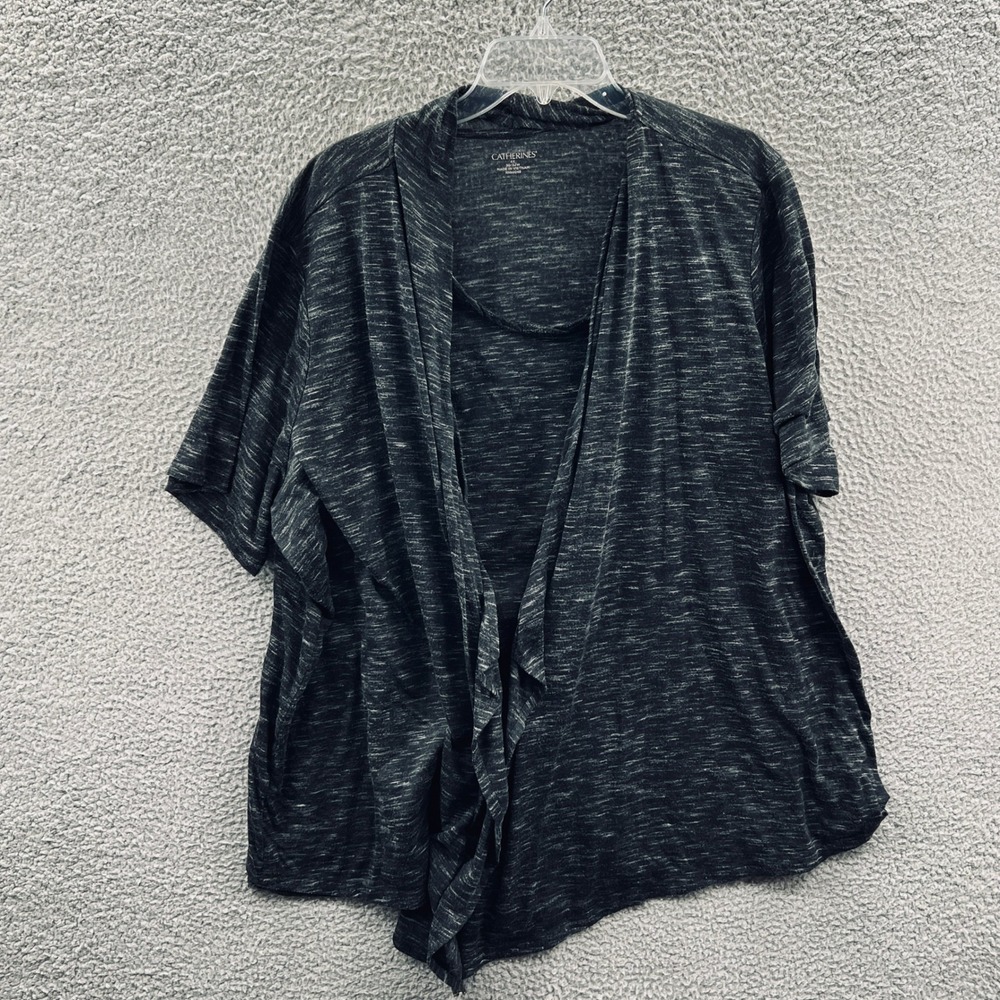 Catherines Womens Cardigan Top 4X Gray Plus Layered Look‎ Knit Open Front Drape